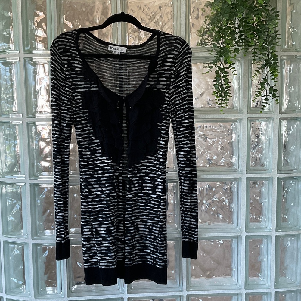 Kensie Black & White Knit Long Cardigan
